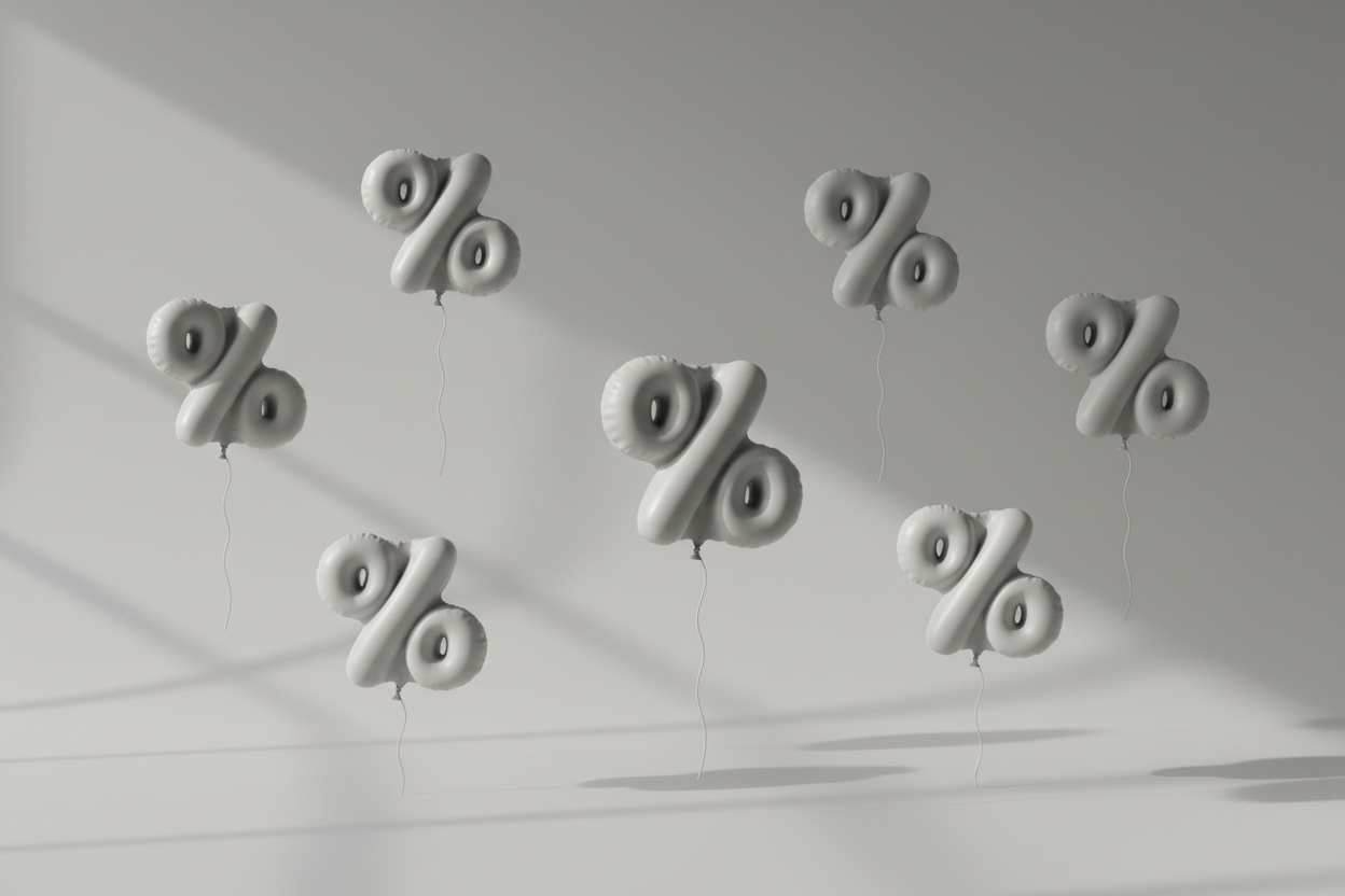8 verteilte Prozentzeichen in hellgreigen luftballonformen vor hellgrauem studiohintergrudn mit lichteinfall von links