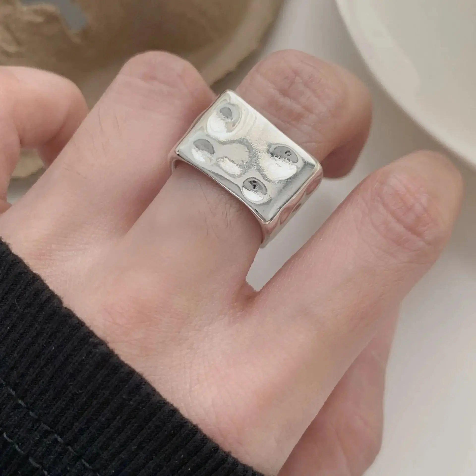 PANJBJ 925 Sterling Silver Frosting Geometry Ring for Women Wide Texture Versatile Handmade Ins Jewelry Gift Dropshipping Maison Henry & Co.