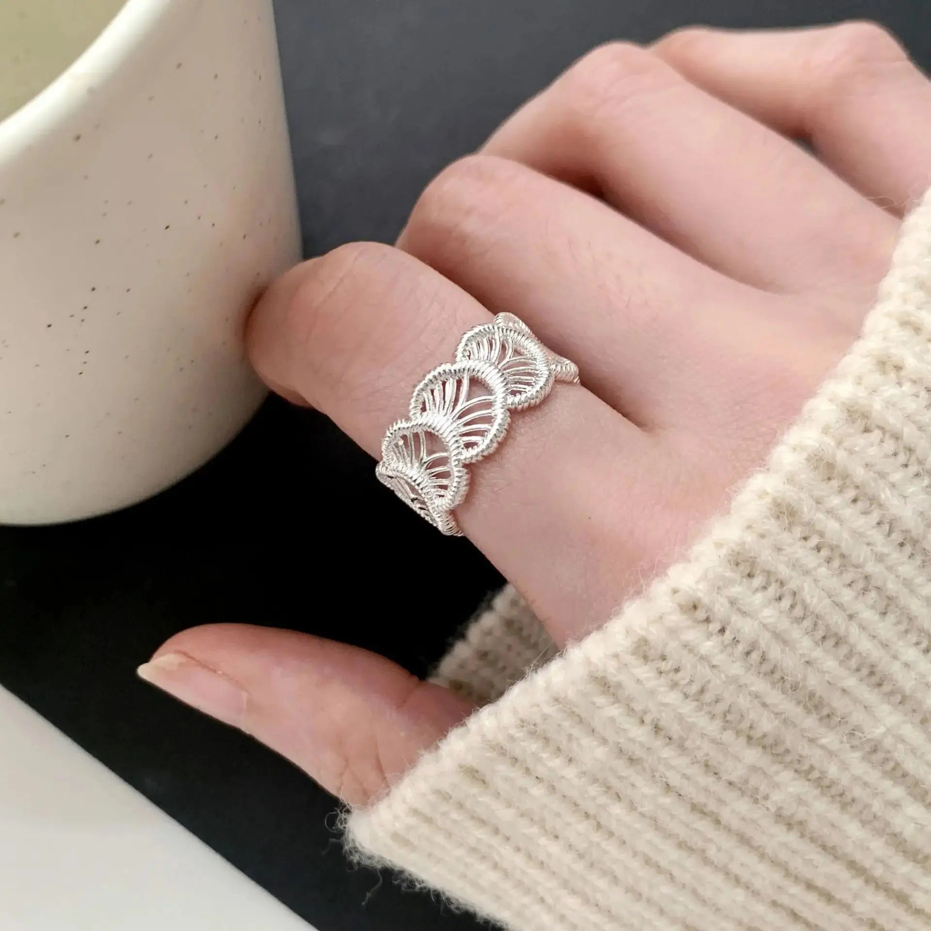 PANJBJ 925 Sterling Silver Frosting Geometry Ring for Women Wide Texture Versatile Handmade Ins Jewelry Gift Dropshipping Maison Henry & Co.